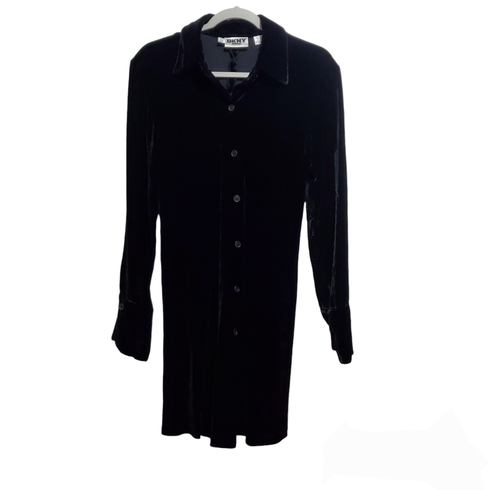 DKNY Vintage Velveteen Velour Silk Blend Button Down Black Shirt Dress S…